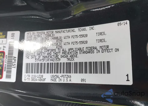 2015 Toyota Tundra Platinum 5.7L V8 z USA, uszkodzony, nr VIN 5TFAY5F1XFX421539